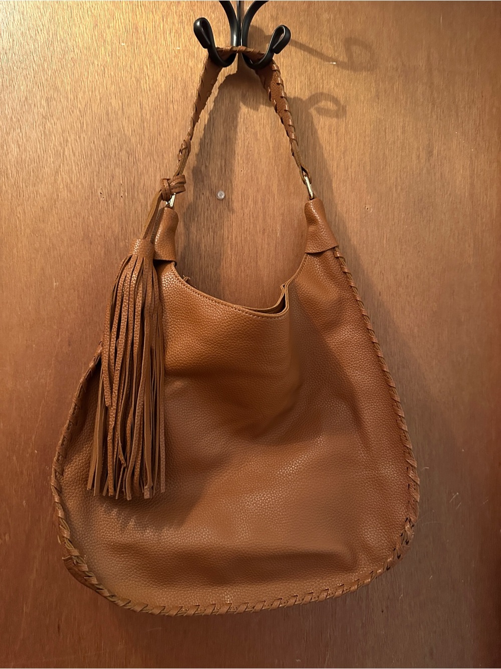 Caramel Tan Leather Hobo Bag with Braided Trim and Tassel